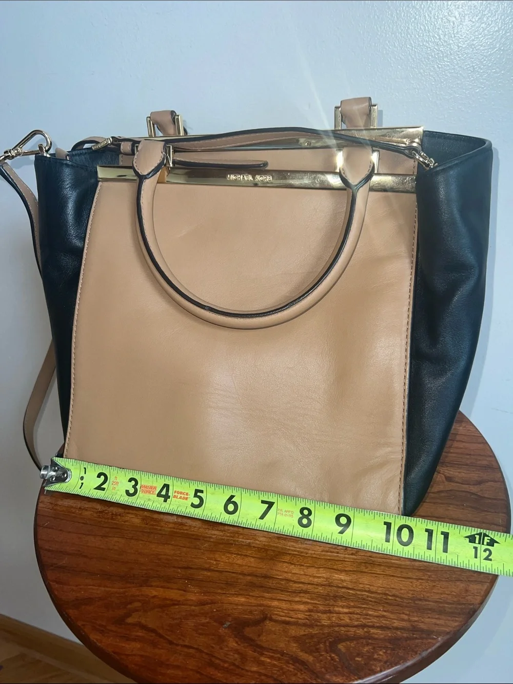 Michael Kors Two-Tone Tan & Black Leather Satchel with Gold Hardware